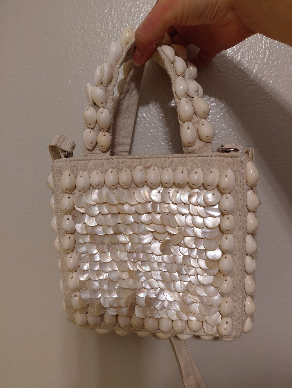 Fully Beaded Shelled Handbag With Long Strap